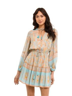 SPELL, Juniper Play Dress, Eggshell, Boho Floral Mini Dress in Teal and Peach